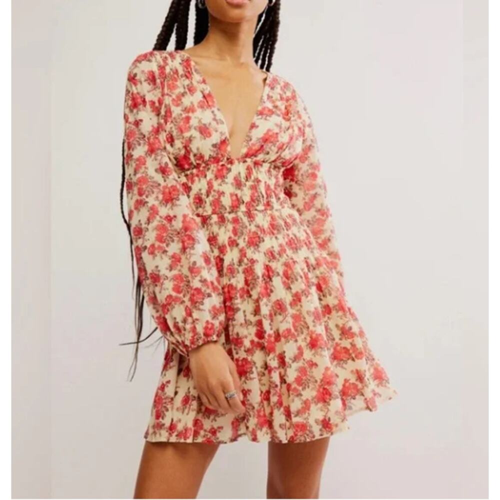 Free People Keep You Mini Dress Floral‎ Print Smocked Ivory Red Boho Cottage M